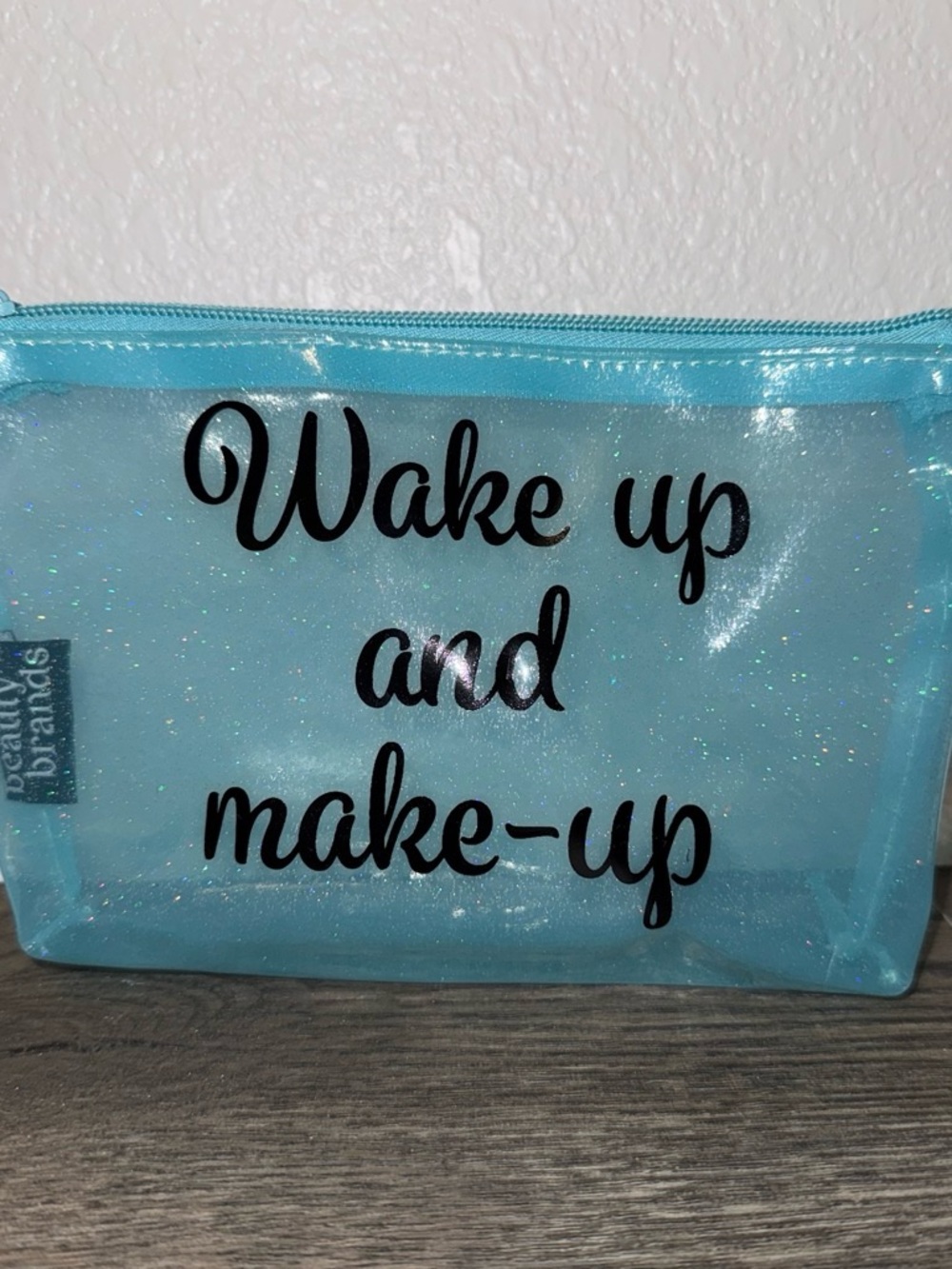 NWT Blue Glitter 'Wake Up and Make-Up' Cosmetic Bag from Beauty Brands